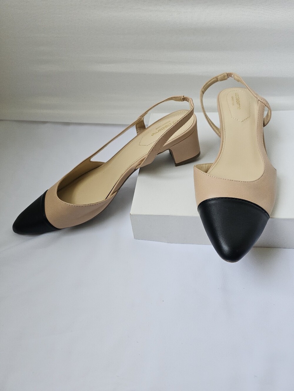 Two-Tone Slingback Pointed Toe Pumps in Beige and Black - Picture 13 of 16